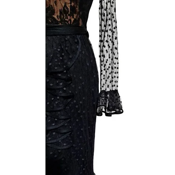 Vintage 70s Jack Bryan Black Gothic Polka Dot Lace Ruffled Midi Dress Sz 4 Emo M - Picture 7 of 12